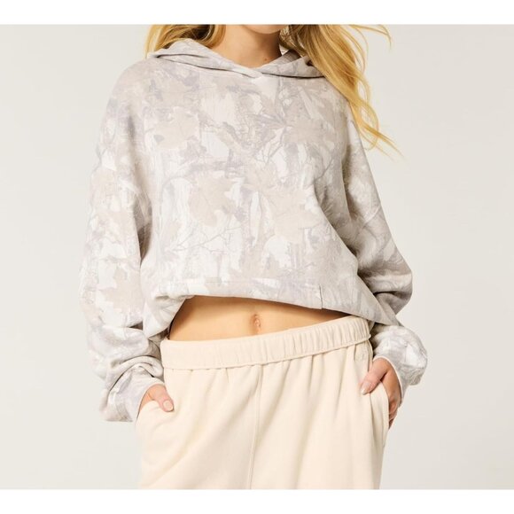 Women Grey White Camo Hoodies Maple Leaf Oversized Fleece Hooded Sweatshirt - Picture 2 of 5